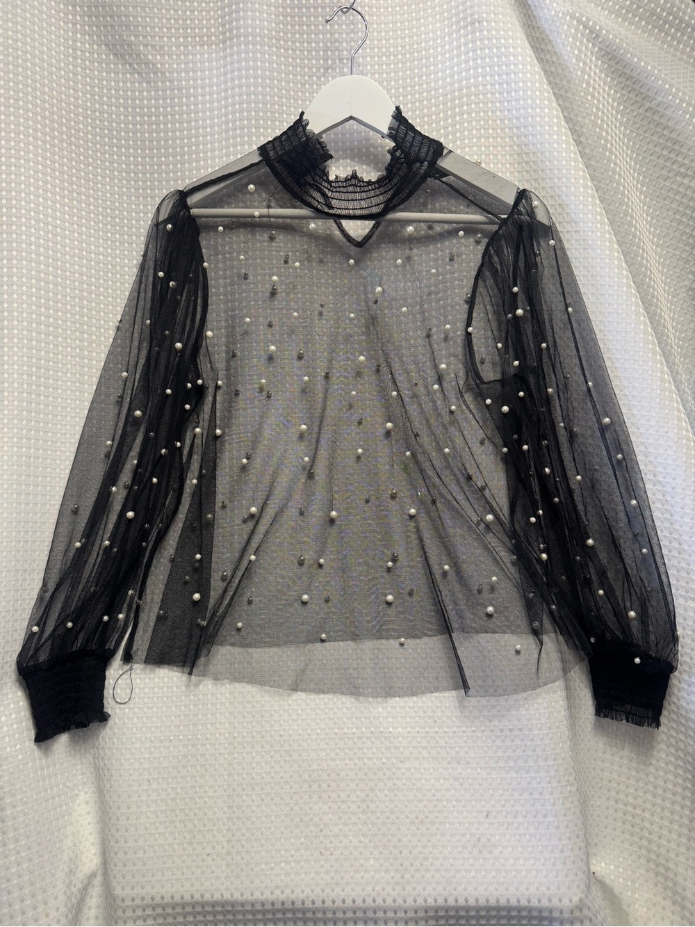 Forever 21 Black Sheer Pearl-Embellished Long Sleeve Blouse